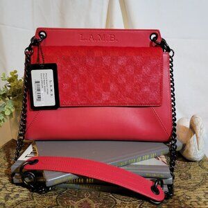 L.A.M.B By Gwen Stefani Red Leather Black Chain Strap 2 Textured Flap Openings